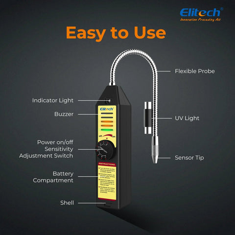 Front view of Elitech Freon leak detector handheld unit with flexible coil probe, indicator lights, buzzer, and sensor tip.