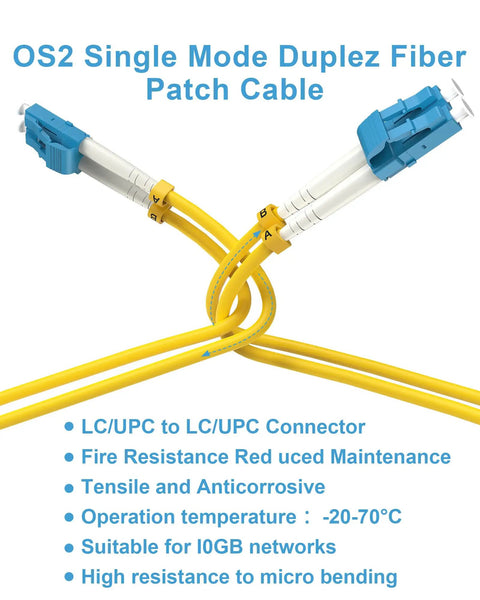 Easy Plug And Play OS2 LC To LC Single Mode Fiber Patch Cable 0.5 Meter Duplex Network Wire 5 Pack With LSZH Jacket, yellow cable connectors.