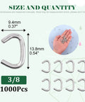 1000 Pack 3/8 Inch Galvanized Hog Rings Assortment Kit For Upholstery And Furniture Use shown with size dimensions.