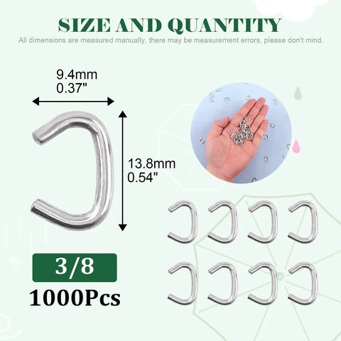 1000 Pack 3/8 Inch Galvanized Hog Rings Assortment Kit For Upholstery And Furniture Use shown with size dimensions.