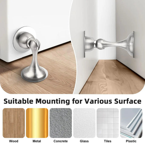 Heavy Duty Magnetic Door Stopper Set In Brushed Nickel For Bottom Of Doors That Keeps Doors Open Wall And Floor Mount Stainless Steel Door Catch 2 Pack installation on wood floor and wall
