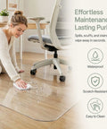 Woman cleaning spills on Clear PVC Rolling Chair Mat 47 By 87 Inches Flat No Curl Surface Heavy Duty Hard Floor Protector.