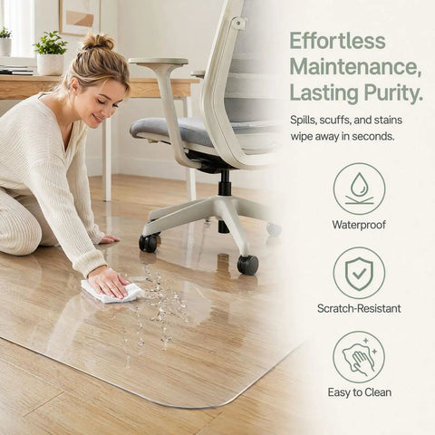 Woman cleaning spills on Clear PVC Rolling Chair Mat 47 By 87 Inches Flat No Curl Surface Heavy Duty Hard Floor Protector.