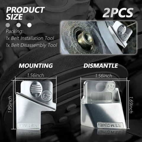 Steel components of Portable Stretch Belt Tool Kit for Cars Trucks and Carts shown with dimensions and features.