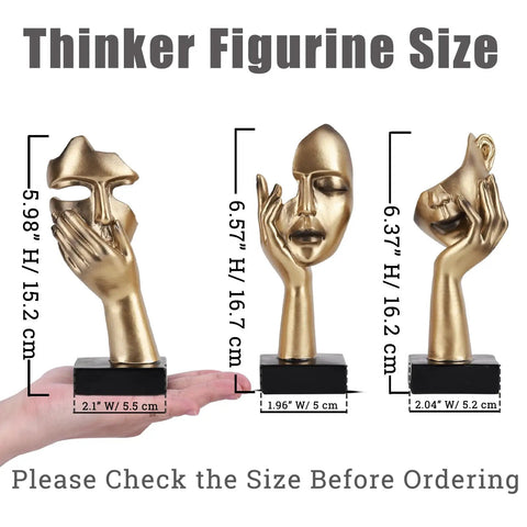 Three Piece Thinker Statue Set Black Gold Modern Home Decor Abstract Figurines showing various poses and sizes in hand.