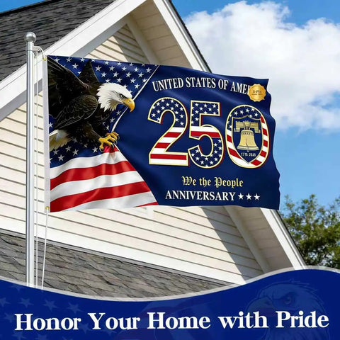 All American 250th Anniversary US Flag 3x5 Ft Double Sided Heavy Duty 3 Layer Semiquincentennial Banner 1776 2026 on house