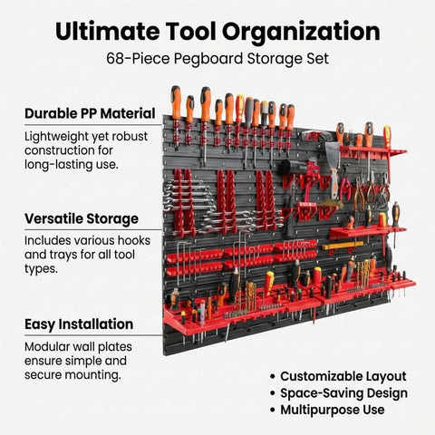 Heavy Duty Wall Mount Pegboard Organizer For Garage And Workshop Featuring Tough Pp Parts Bins Slick Steel Hooks And Knockout Build That Slap Together In Minutes Flat, 68-piece pegboard set with tools.