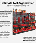 Kickass Wall Mount Pegboard Organizer Heavy Duty Plastic Parts Storage Rack For Garage Workshop Bin Holder Setup Includes Durable Hooks Clutch Hardware Accessories 45 By 30 Inch with tools and hooks visible on a pegboard.