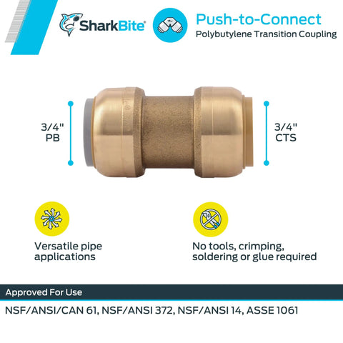3/4 Inch Polybutylene Transition Coupling Brass Push To Connect Plumbing Fitting For PEX Copper CPVC PERT HDPE Easy Install In Tight Spaces Durable Transition Adapter