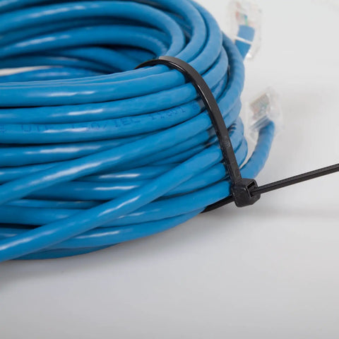 Heavy Duty 10 Inch Nylon Cable Ties Self Locking Zip Ties securing blue Ethernet cables for cable management
