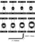 8 Piece Drill Bit Depth Stop Collar Set With Allen Key Wrench For Precise Drilling, shown with collar sizes from 1/8 to 5/8 inches