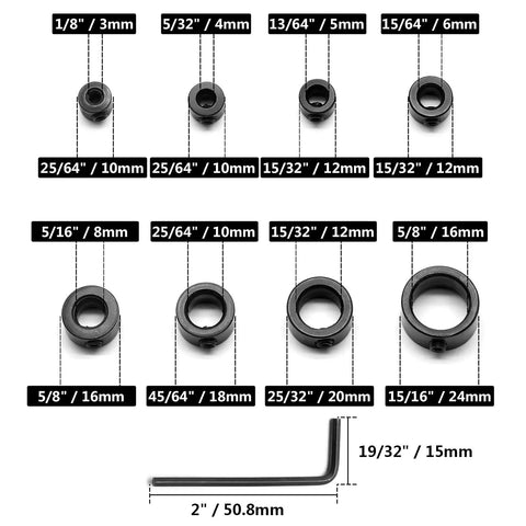 8 Piece Drill Bit Depth Stop Collar Set With Allen Key Wrench For Precise Drilling, shown with collar sizes from 1/8 to 5/8 inches