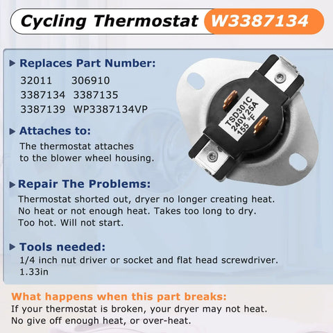 Dryer Repair Kit With Cycling Thermostat High Limit Thermostat And Thermal Fuses DIY, image showing thermostat details W3387134.