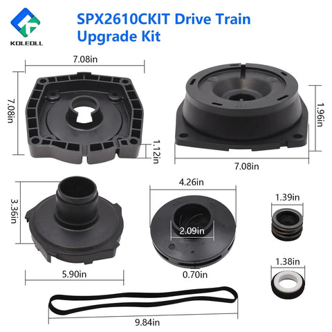 Components of Drive Train Upgrade Kit for 1 and a Half HP Pool Pumps SPX2610CKIT DirectFit Replacement Easy Install on display