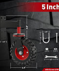 5 Inch Gate Wheels For Wooden Gates, 450 Lb Capacity, Heavy Duty Spring Loaded Fence Wheel With 360 Degree Swivel For Smooth Rolling, includes installation tools, showing wheel and hardware dimensions