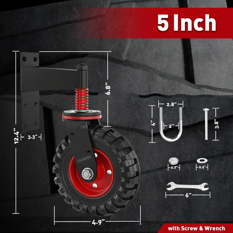 5 Inch Gate Wheels For Wooden Gates, 450 Lb Capacity, Heavy Duty Spring Loaded Fence Wheel With 360 Degree Swivel For Smooth Rolling, includes installation tools, showing wheel and hardware dimensions