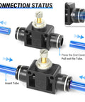 Inline Pneumatic Air Flow Control Valve With Push To Connect Fittings For Low Speed Cylinders Pack Of Five Plug And Play One Quarter Inch Tube OD To One Quarter Inch Tube OD 0 To 145 PSI 32 To 140 F Plastic Copper Build showing insertion and removal of blue tube.