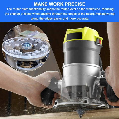 Hardcore Six Point Five Inch Clear Router Base Plate Featuring Letter Marked Mounting Holes For DeWalt Craftsman Hitachi Pro Acrylic Sub Base in use with hand.