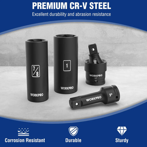 Half Inch Drive Deep Impact Socket Set with 6 Point Cr V Steel Sockets in SAE and Metric Sizes 10 to 27 mm on display
