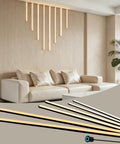FTL CCT LED Recessed Lighting Kit, Wood Slat Wall Panel Lights 2700K-6000K over a modern couch in a stylish living room.
