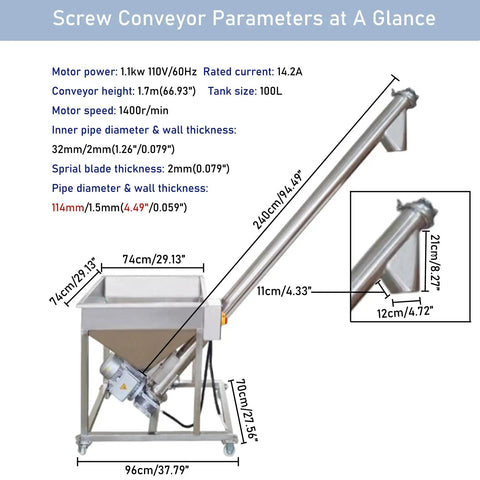 Diagram of Electric Screw Conveyor With Inclined Spiral Auger Feeder for Powder, 1.7m Height, 110V, 3m3/h Capacity, Industrial Use