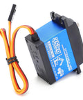 Heavy Duty Digital Servo Delivering Badass 35Kg Torque With Bombproof Metal Gears For 90 Degree Steering On 1/8 And 1/10 Scale RC Cars Trucks And Crawlers Upgraded Build close-up view with wires.