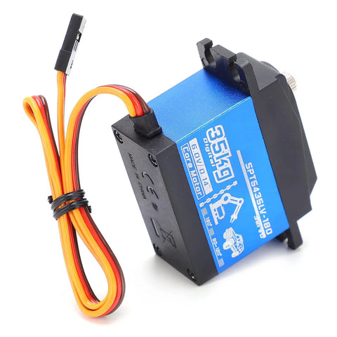 Heavy Duty Digital Servo Delivering Badass 35Kg Torque With Bombproof Metal Gears For 90 Degree Steering On 1/8 And 1/10 Scale RC Cars Trucks And Crawlers Upgraded Build close-up view with wires.