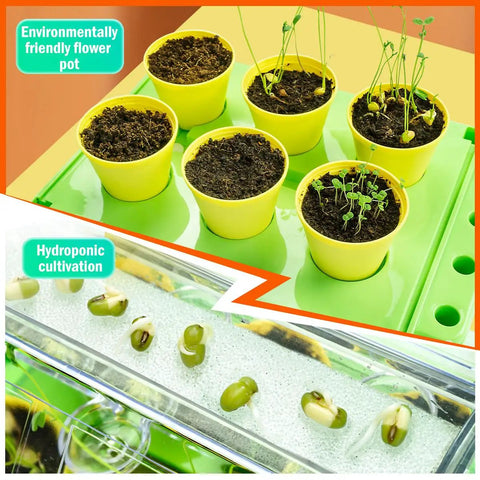 Kids Plant Growing Kit With Indoor Greenhouse And Hydroponic System, Thermometer, Wind Vane And Tools, Educational STEM Garden Set With Yellow Pots