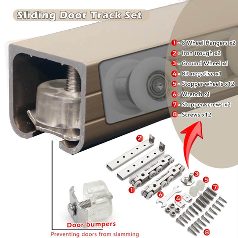 Heavy Duty Sliding Barn Door Hardware Track Kit For Exterior Use With Low Profile Pocket Design, 8 Wheel Hanger System components