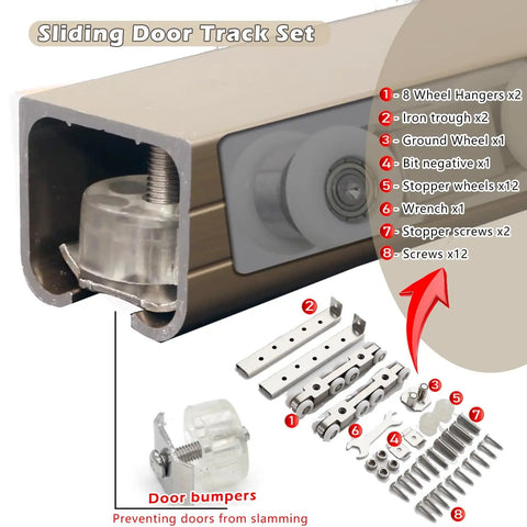 Heavy Duty Two Door Sliding Barn Door Hardware Kit With Flex Bronze Aluminum Track And Smooth Rolling Wheels For Quick Wall Or Ceiling Setup, detailed components shown.