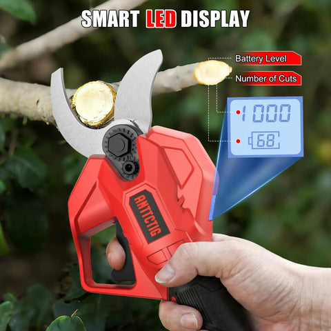 Upgraded Electric Pruning Shears With 2.56 Inch Cutting Capacity cordless pruner in use showing LED display on tree branch
