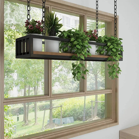 Dope Industrial Wood And Iron Hanging Shelf Rack For Kitchen Plants Overhead Ceiling Storage Plant Stand With Railing