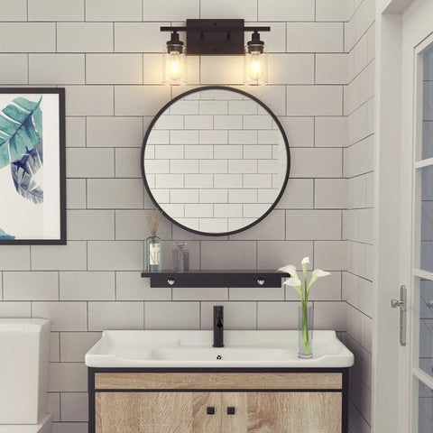 2 Light Black Industrial Bathroom Vanity Light Over Mirror Wall Sconce With Clear Glass Shades, modern bathroom setup