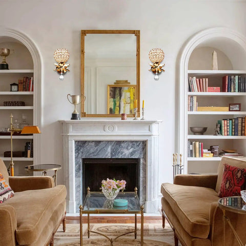 Elegant living room featuring Two Pack Crystal Wall Sconces Modern Bedside Lights With E26 Sockets Hardwired Wall Mounts.
