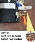 9x12 Feet Disposable Painter Drop Cloths With Gloves protecting furniture from paint spills, tray and brushes visible.