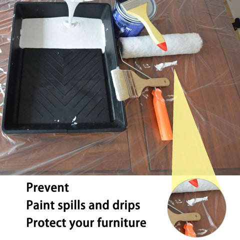 9x12 Feet Disposable Painter Drop Cloths With Gloves protecting furniture from paint spills, tray and brushes visible.