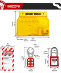 Lockout Tagout Kit and Wall Station for OSHA Safety, 6-Position lockout station with dimensions and components overview.