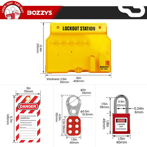 Lockout Tagout Kit and Wall Station for OSHA Safety, 6-Position lockout station with dimensions and components overview.