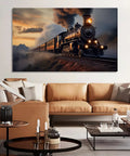 Steam Train Canvas Wall Art With Gray Smoke, Vintage Locomotive Picture, Retro Railroad Poster For Living Room, Industrial Era Decor