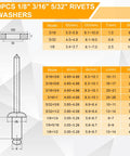 500 Piece 304 Stainless Steel Pop Rivets Kit With Washers And Case 9 SAE Sizes From 3/16 Inch to 1 Inch size chart