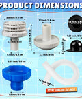 Product dimensions of All In One 8 Piece Water Jet Connector Kit for Above Ground Pools, showing connectors, hose, and nozzle.