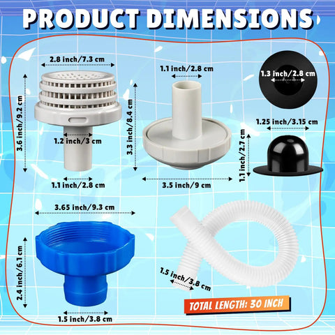 Product dimensions of All In One 8 Piece Water Jet Connector Kit for Above Ground Pools, showing connectors, hose, and nozzle.