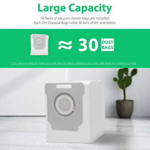 Bulk 14 Pack Roomba Vacuum Bags Replacement For i7 And i7 Plus, i8 And i8 Plus, i3 And i3 Plus displayed with capacity info