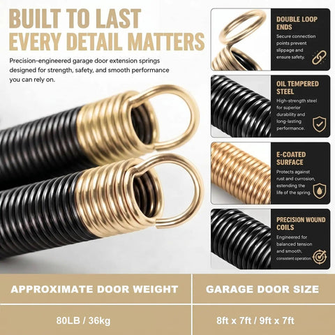 Two Pack 80 Lb Heavy Duty Double Loop Garage Door Extension Springs for 8x7 and 9x7 Doors with gold finish detailing