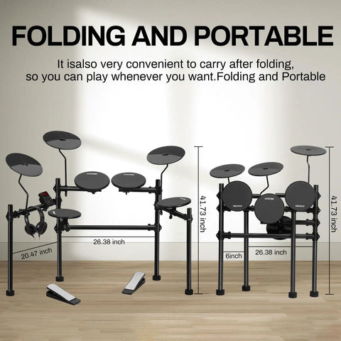 Portable Electric Drum Set With Quiet Pads And Sturdy Metal Frame For Beginners, compact and foldable design dimensions