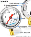 Pressure gauge by Meanlin, 0–200 psi glycerin-filled stainless steel, 1.5 in dial, brass NPT fittings