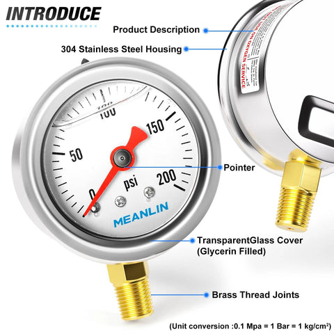 Pressure gauge by Meanlin, 0–200 psi glycerin-filled stainless steel, 1.5 in dial, brass NPT fittings