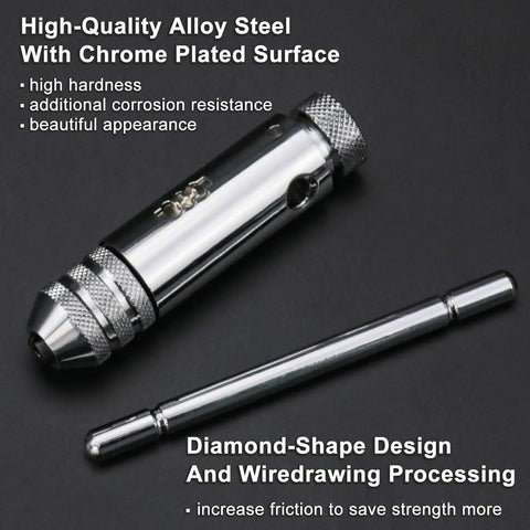 Close-up of Ratchet T Handle Tap Wrench and 5 Metric Taps M3 M4 M5 M6 M8 Handy Two Way Adjustable Tapping Tool Kit for Home Workshop