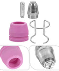 Premium Plasma Cutter Tips Kit With Steel Electrodes And Nozzles Plus Protective Covers, featured pink nozzle and steel components.