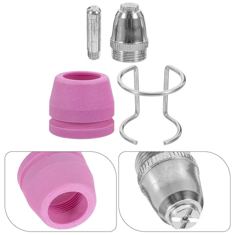 Premium Plasma Cutter Tips Kit With Steel Electrodes And Nozzles Plus Protective Covers, featured pink nozzle and steel components.